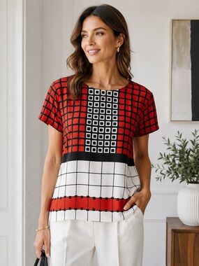 Anne Klein Red, Black and White Geometric Dress with Gold Zip size XL
